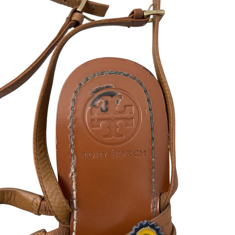 Tory Burch Brown Leather Sandals with Colorful Floral Accents - Picture 4 of 10